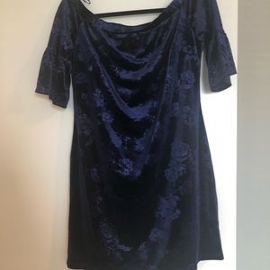 Navy blue floral velvet off the shoulder dress!